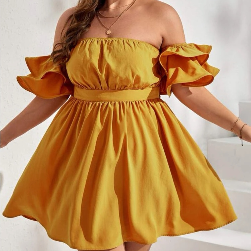 3XL Mustard Yellow SHEIN VCAY Plus Size Off Shoulder Ruffle Trim Dress